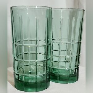 Pair of Anchor Hocking Tartan Green 16oz Heavy Iced Tea Glasses